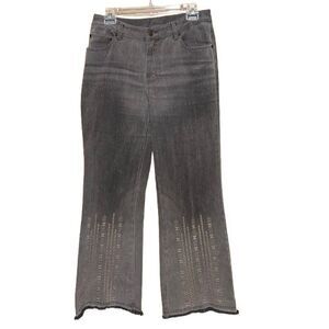 Newport News Jeans Women Size 10 Gray Flare Embroidered Wide Leg Raw Hem Boho